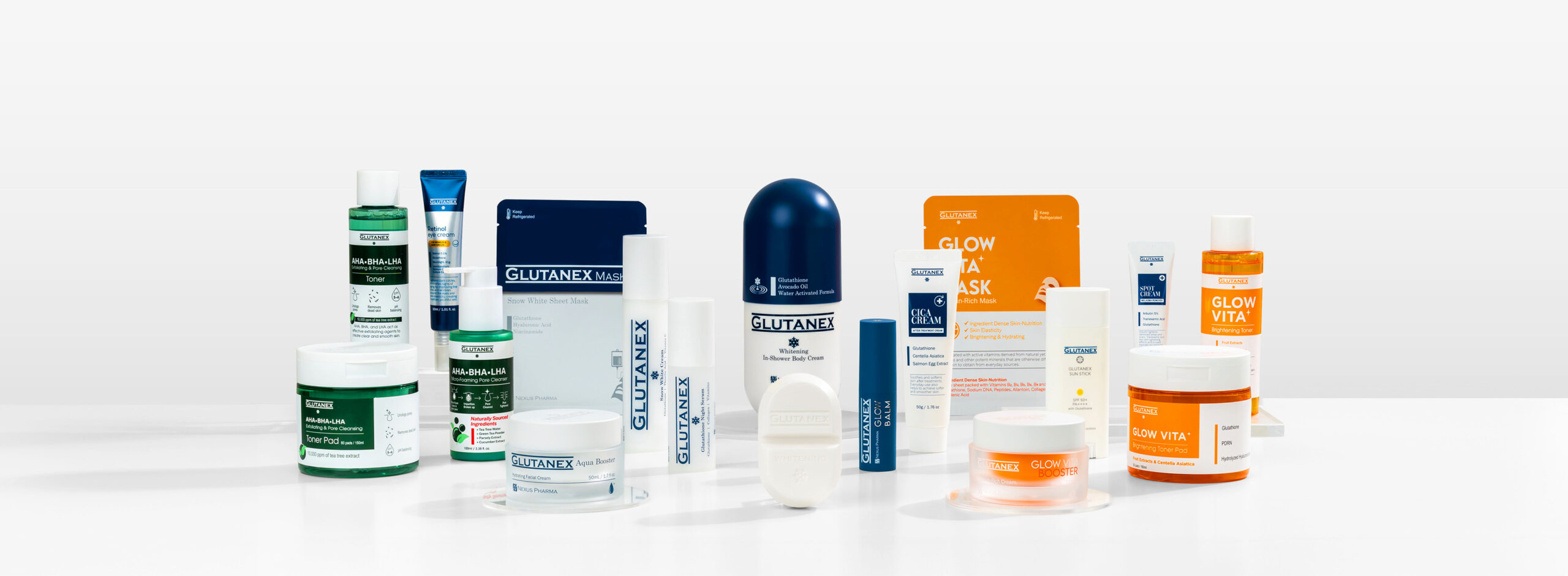 Nexus Pharma's skincare line is composed of Glutanex Line, AHA-BHA-LHA line, and Glow Vita Line